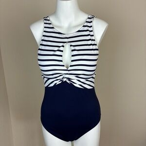 Tommy Bahama Women’s High Neck Navy and White One Piece Swimsuit- Sz 12
